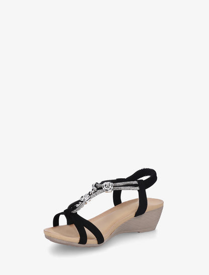 Sandales compensées à empiècement perles et strass - Noir - 3