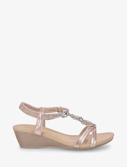 Sandales compensées à empiècement perles et strass - Rose gold - 1
