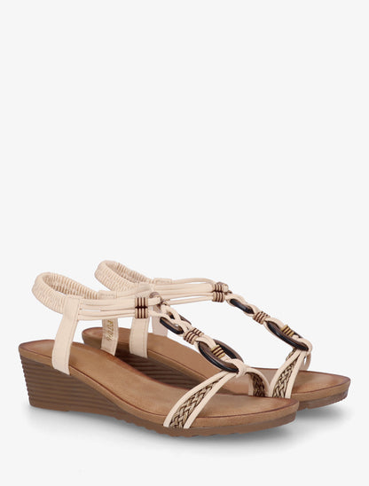 Sandales compensées à empiècement bijoux en bois - Beige - 4