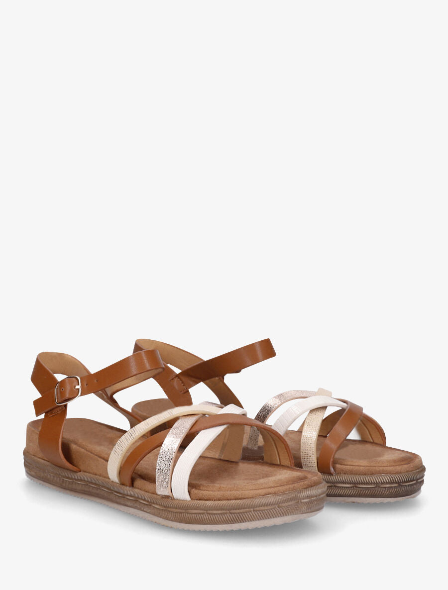 Nu-pieds à brides croisées effet irisé et python - Camel - 5