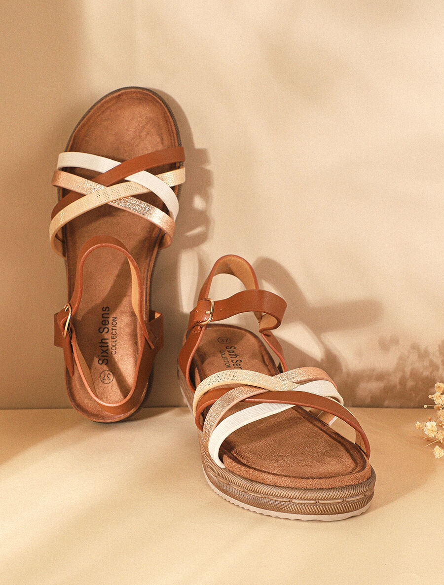 Nu-pieds à brides croisées effet irisé et python - Camel - 1