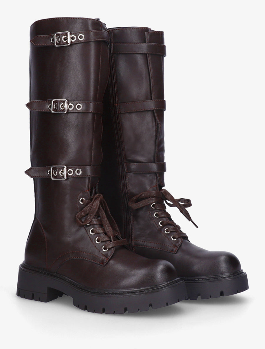 Bottes en simili à triple sangles - Marron - 4