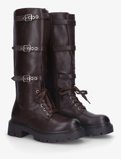 Bottes en simili à triple sangles - Marron - 4