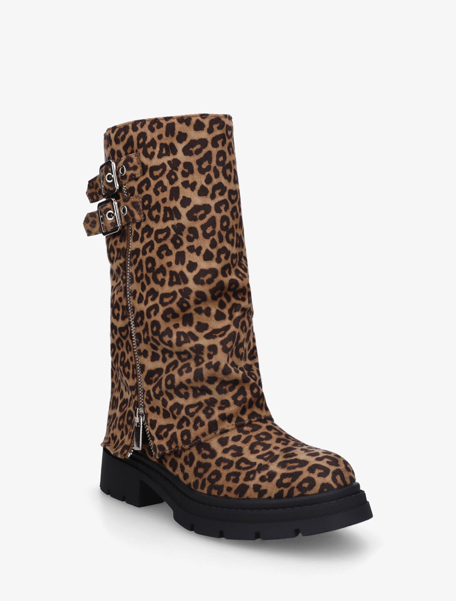 Bottes léopard à revers et double boucles - Camel - 2