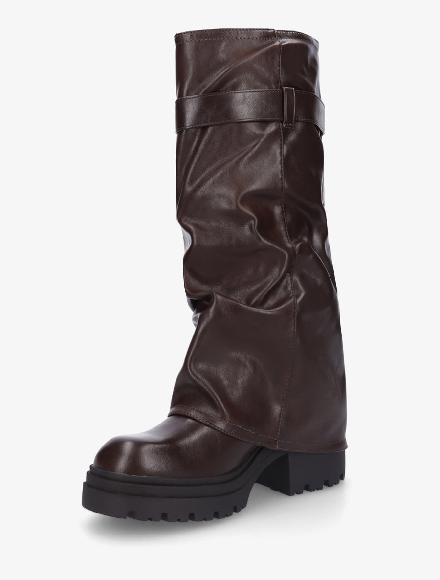 Bottes à revers effet froissé - Marron - 3