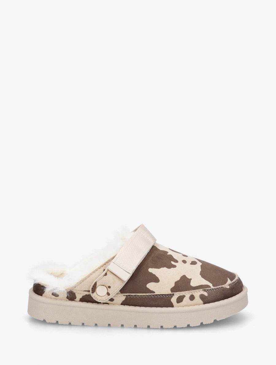 Mules fourrées en suédine imprimé vache - Beige - 1