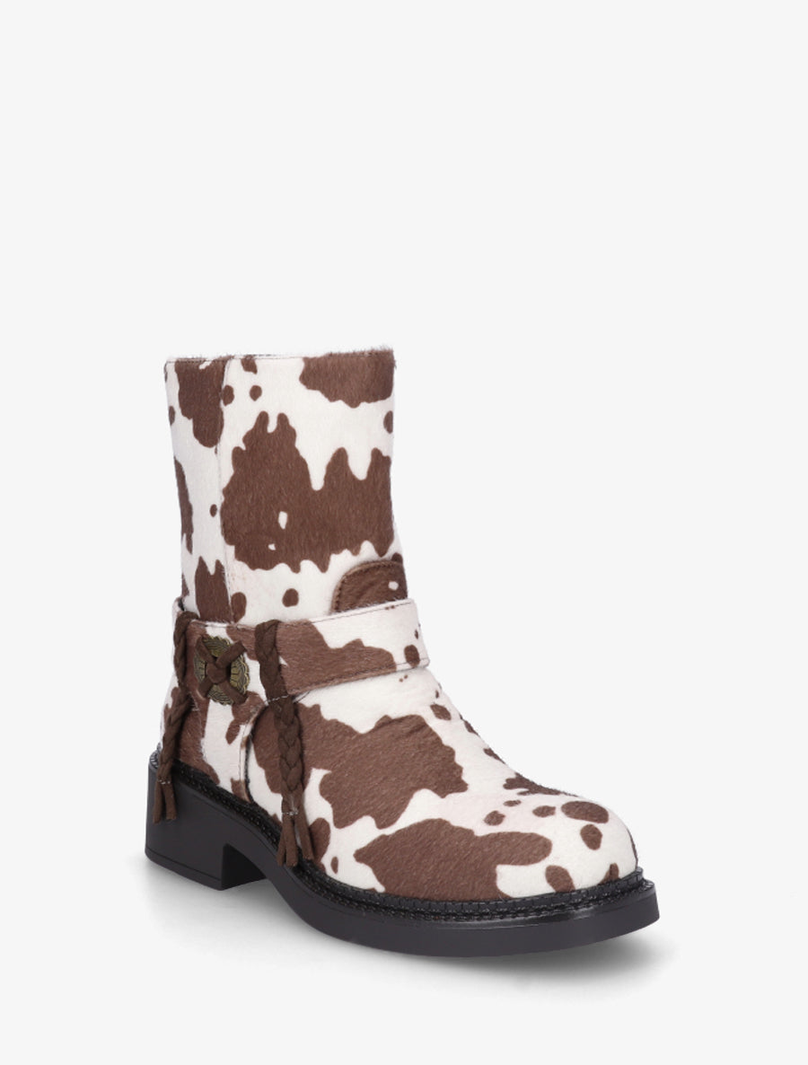 Bottines en suédine imprimé vache à détail tressé - Beige - 2