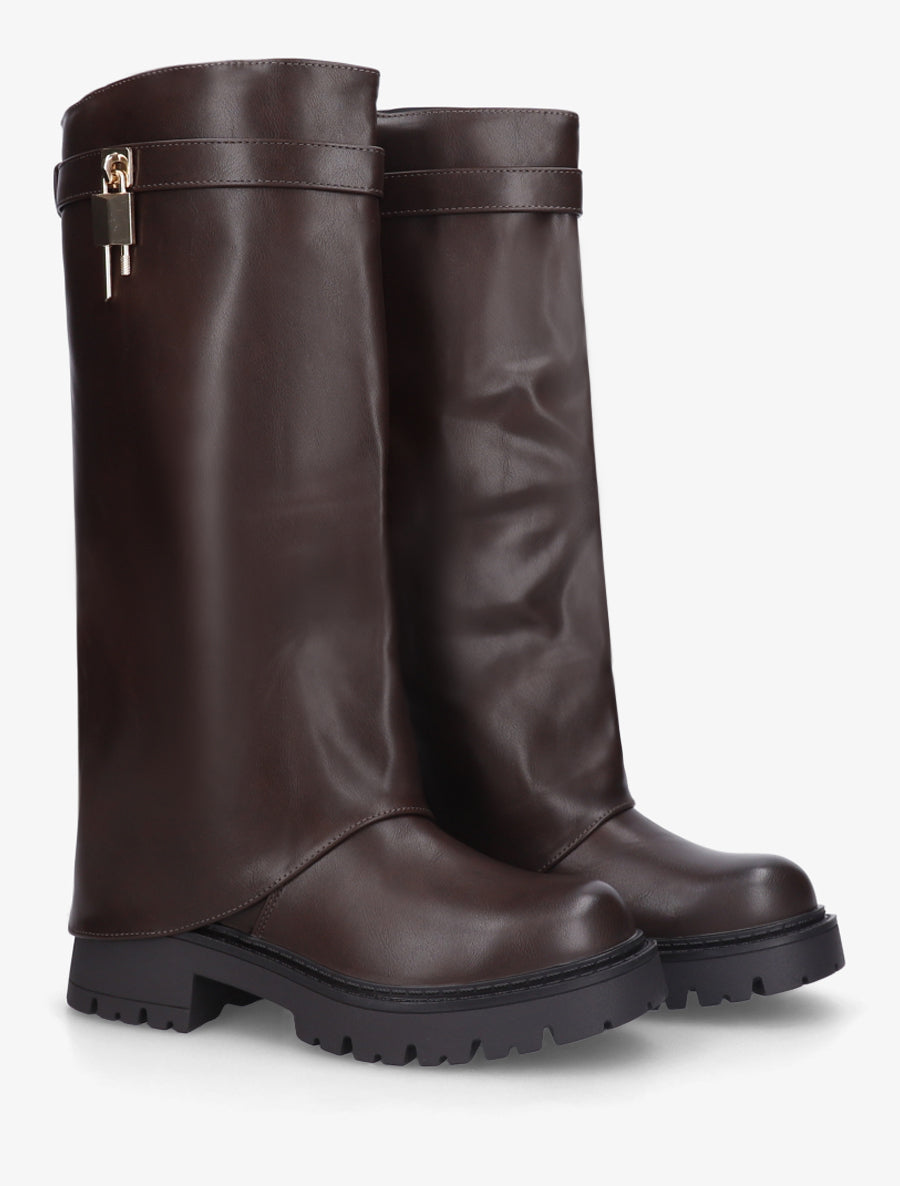 Bottes à revers et empiècement cadenas - Marron - 4