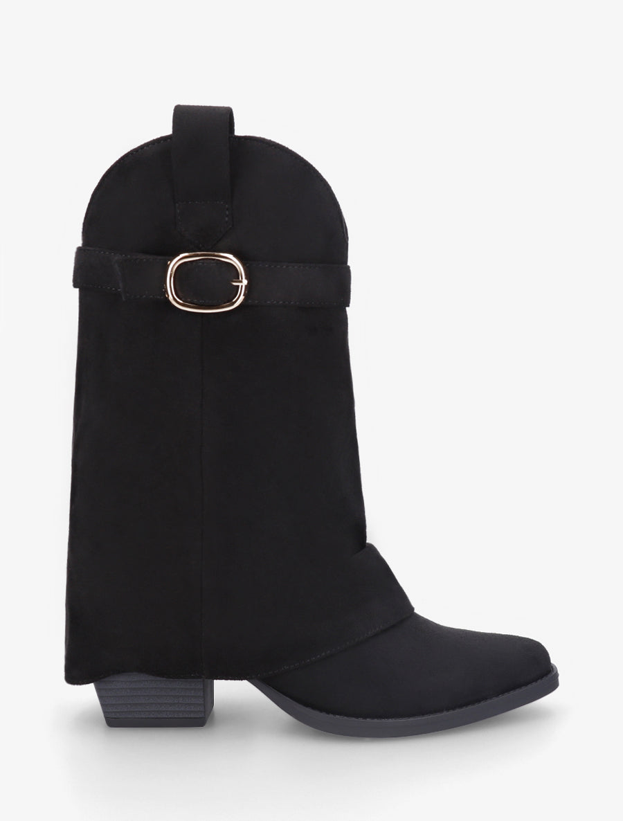 Bottines en suédine à revers et ceinturon - Noir - 1
