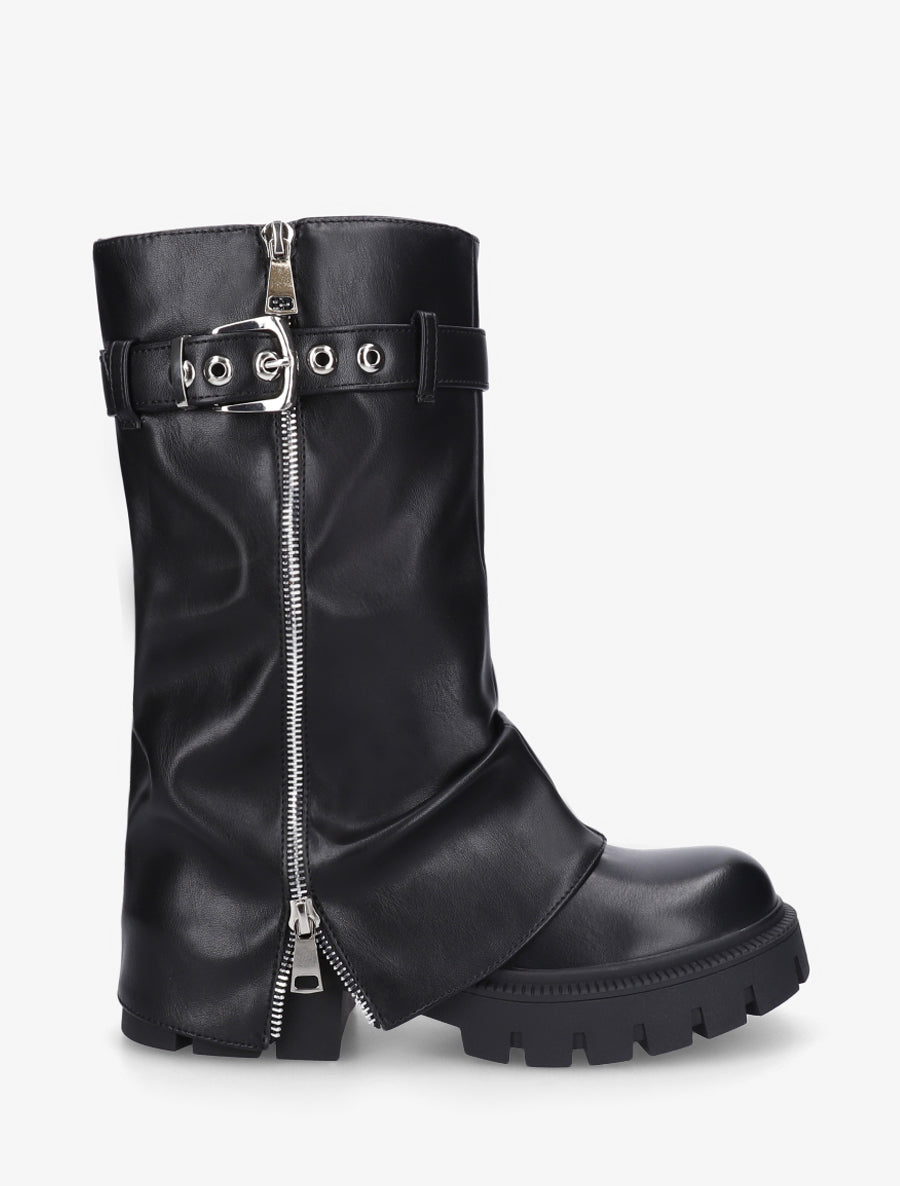 Bottines à revers et zip décoratif en simili - Noir - 1