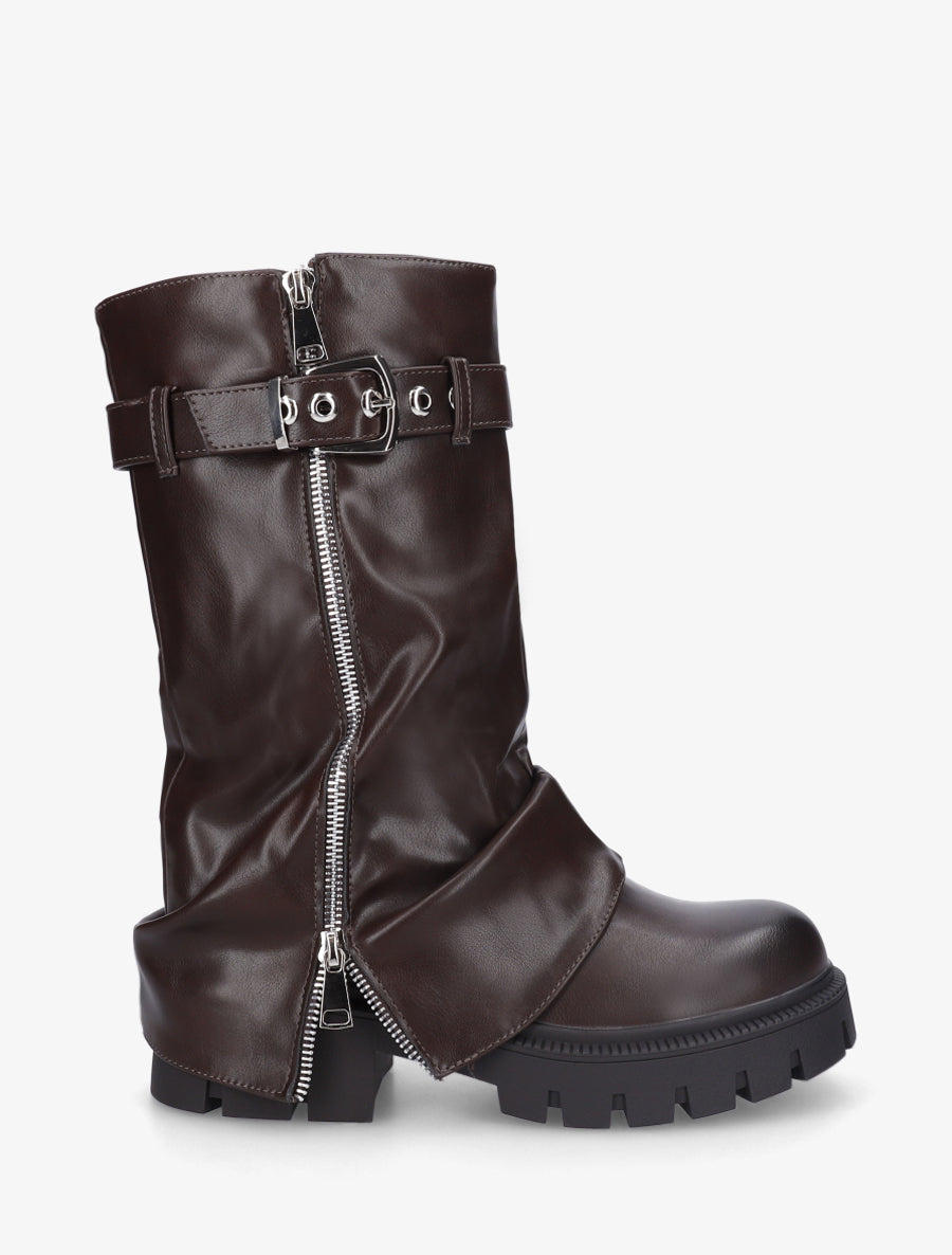 Bottines à revers et zip décoratif en simili - Marron - 1