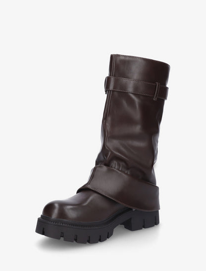 Bottines à revers et zip décoratif en simili - Marron - 3