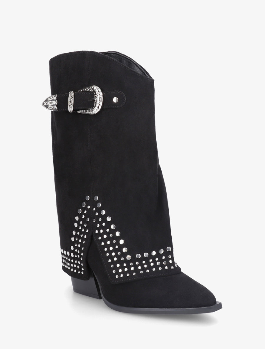 Bottines à revers cloutées en suédine - Noir - 2