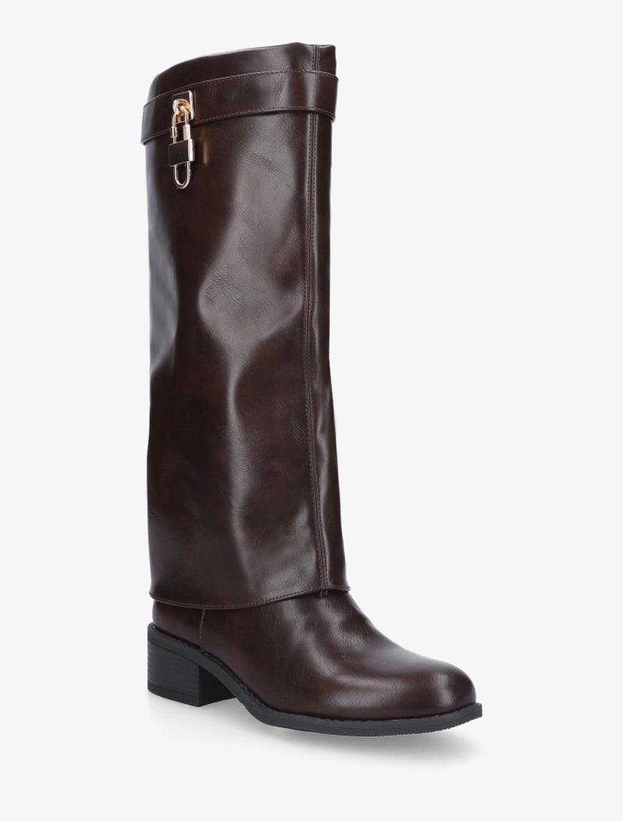 Bottes à revers et empiècement cadenas - Marron - 2