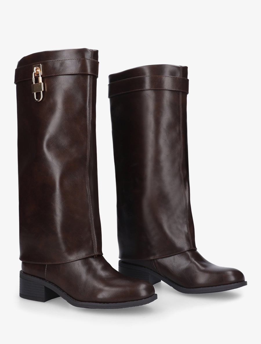 Bottes à revers et empiècement cadenas - Marron - 4