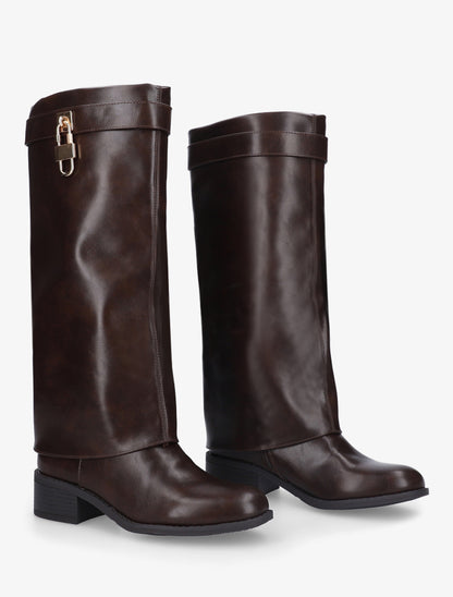 Bottes à revers et empiècement cadenas - Marron - 4