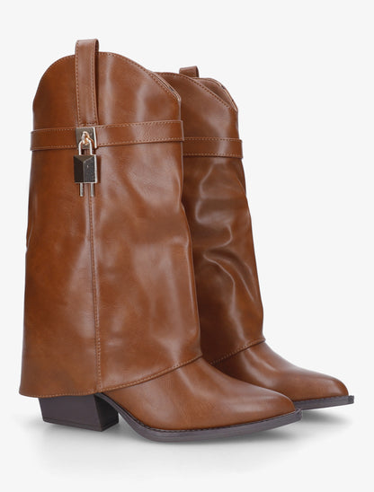 Bottines montantes à revers en simili - Camel - 4