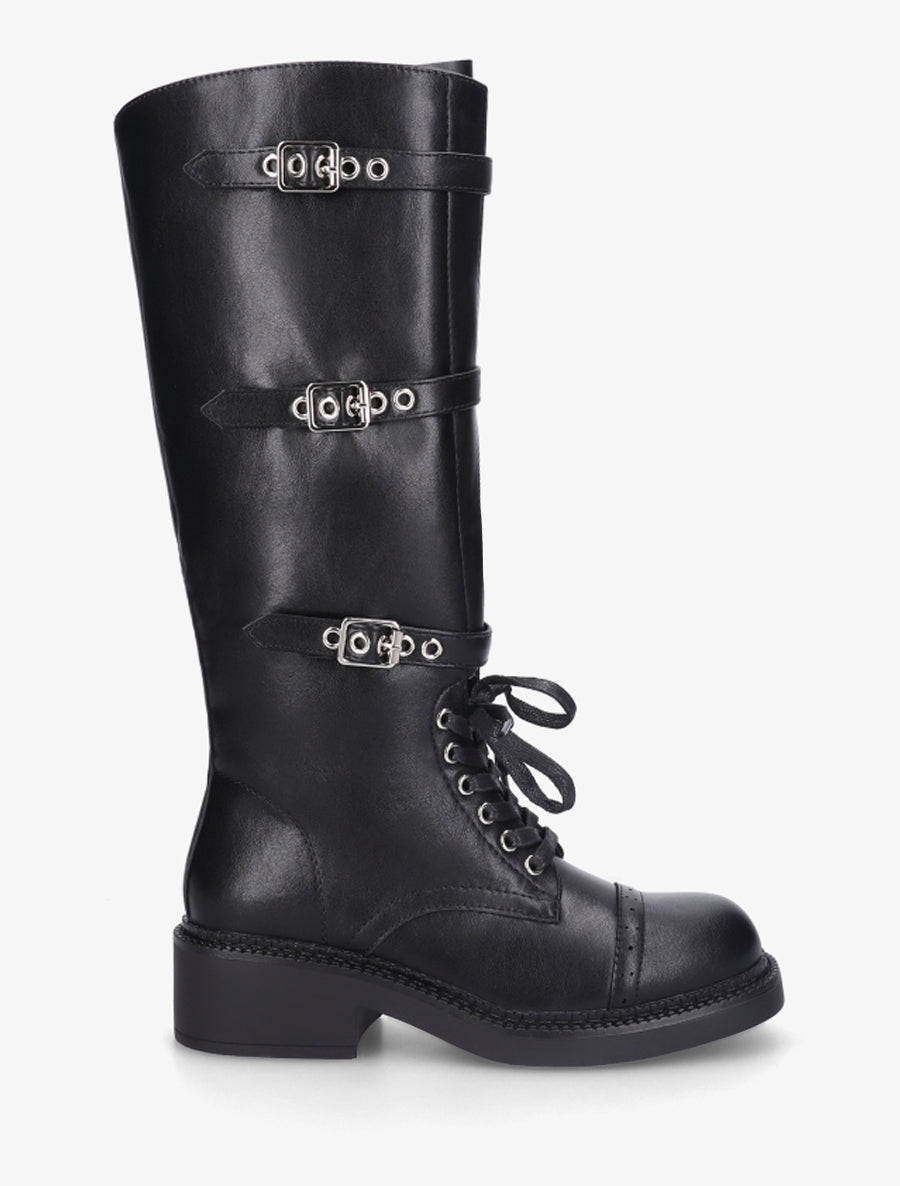 Bottes à lacets et triple sangles en simili - Noir - 1