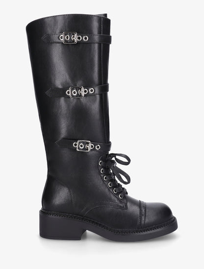 Bottes à lacets et triple sangles en simili - Noir - 1