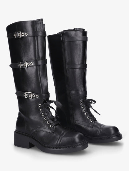 Bottes à lacets et triple sangles en simili - Noir - 4