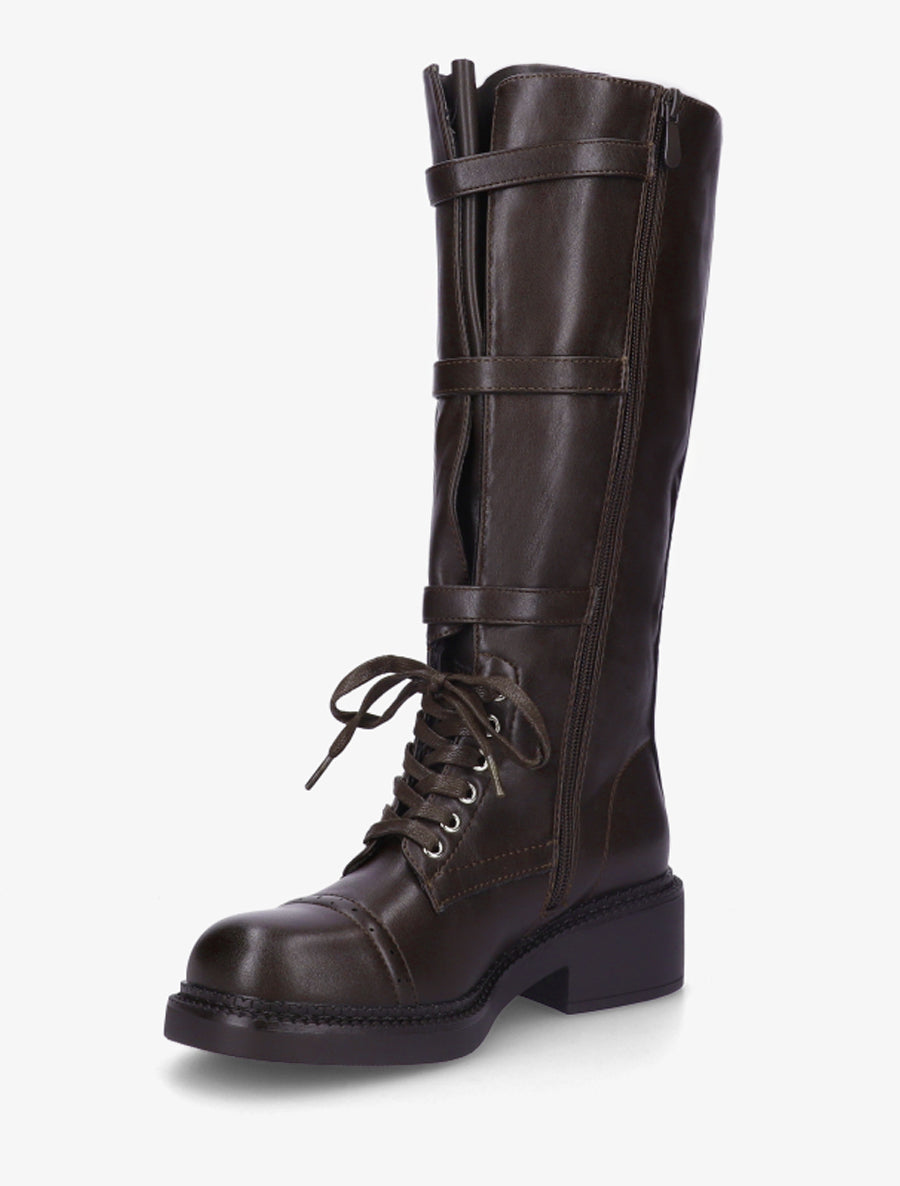 Bottes à lacets et triple sangles en simili - Marron - 3