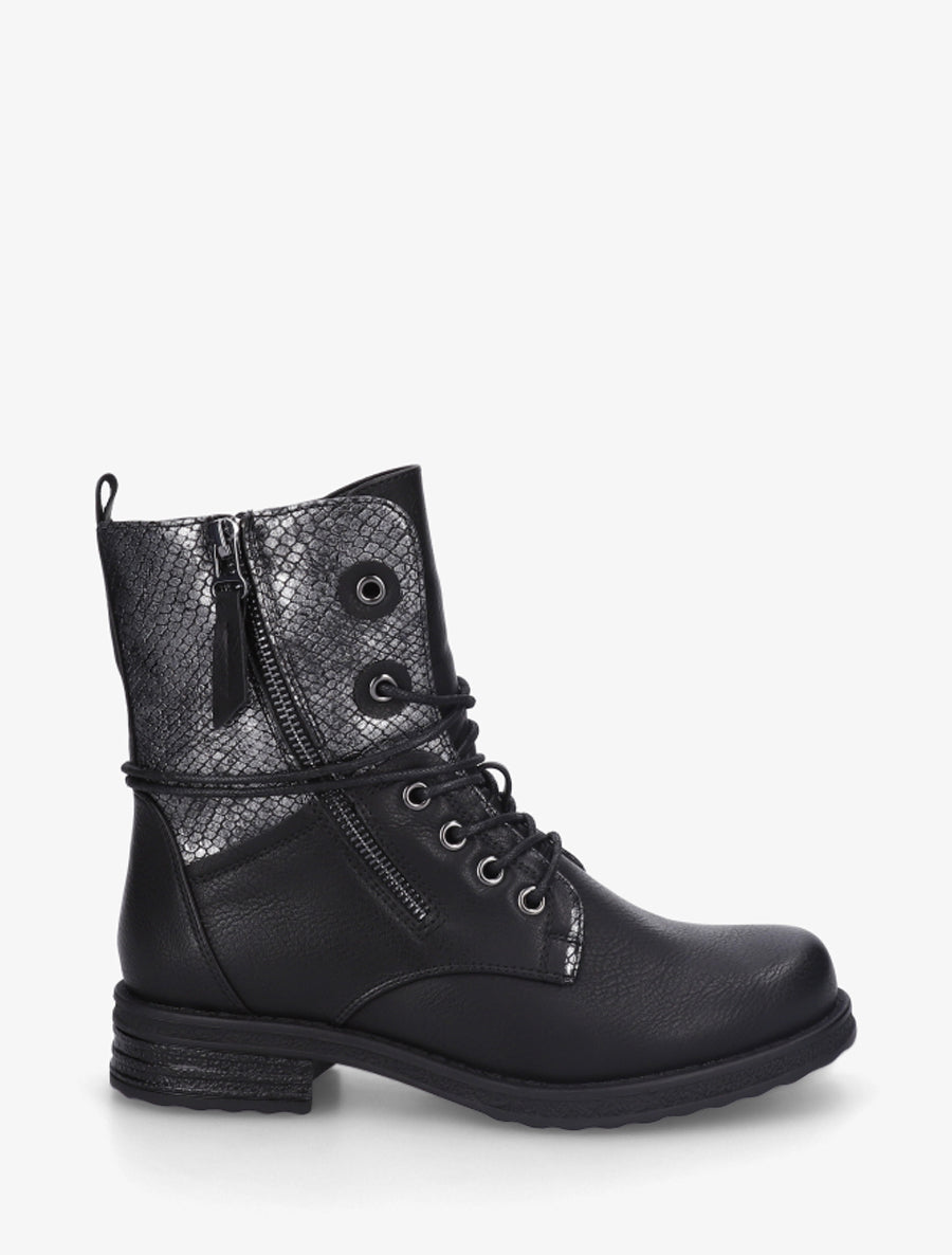 Bottines à lacets et détail imprimé croco - Noir - 1