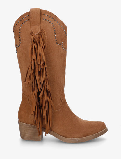 Bottines montantes cloutées et à franges - Camel - 1
