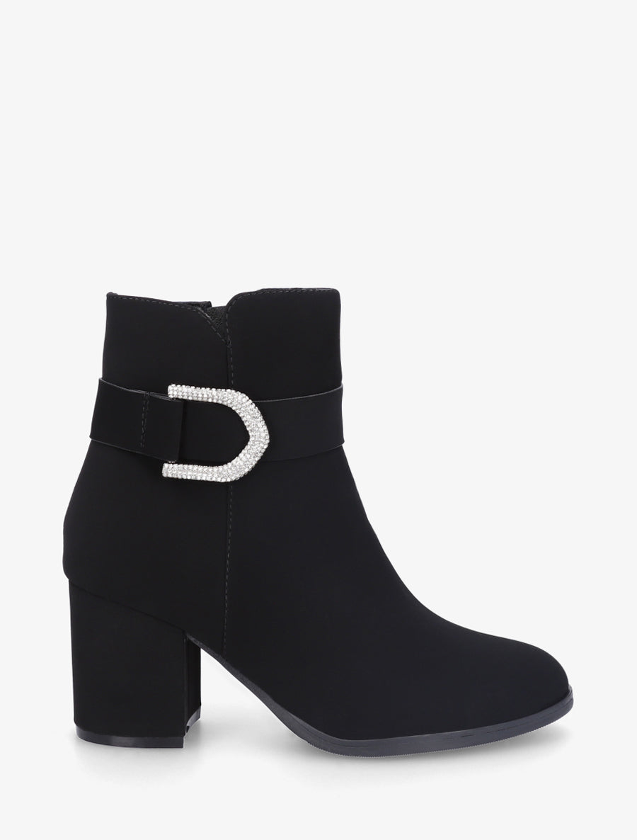 Bottines effet nubuck à empiècement bijou strassé - Noir - 1