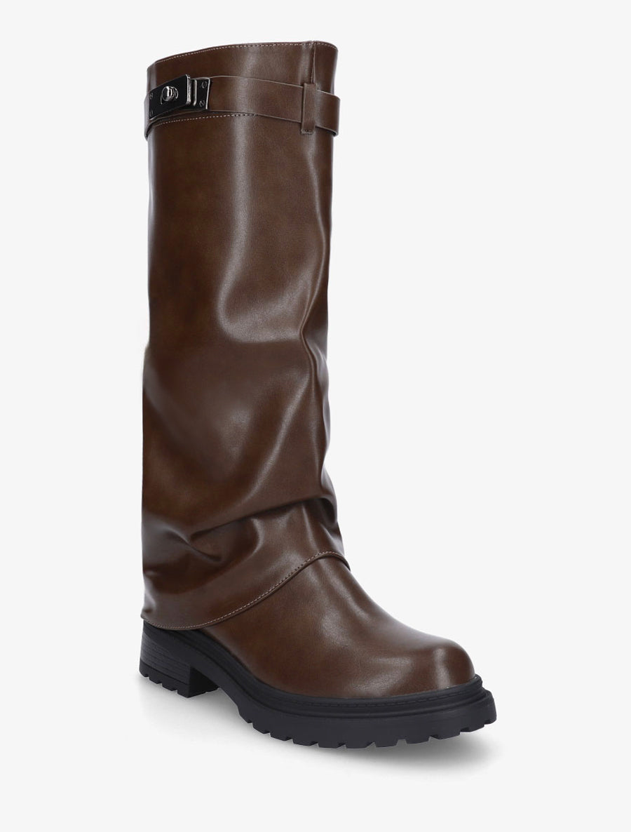 Bottes à revers en simili - Marron - 2