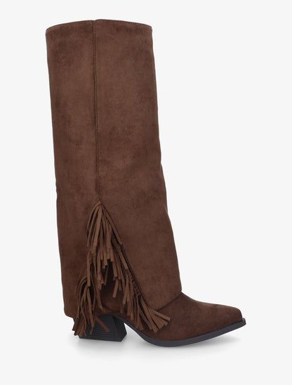 Bottes à franges et revers en suédine - Marron - 1