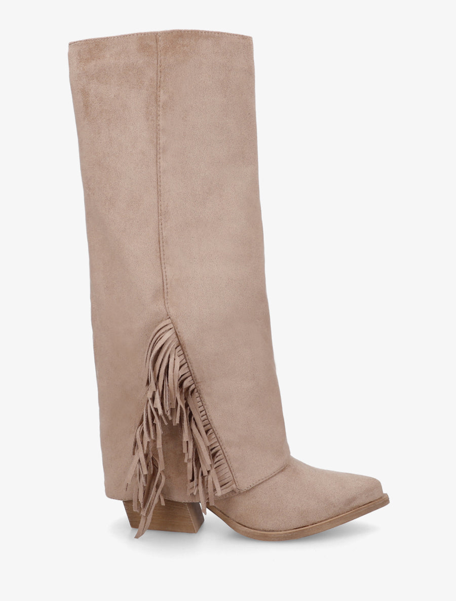 Bottes à franges et revers en suédine - Taupe - 1
