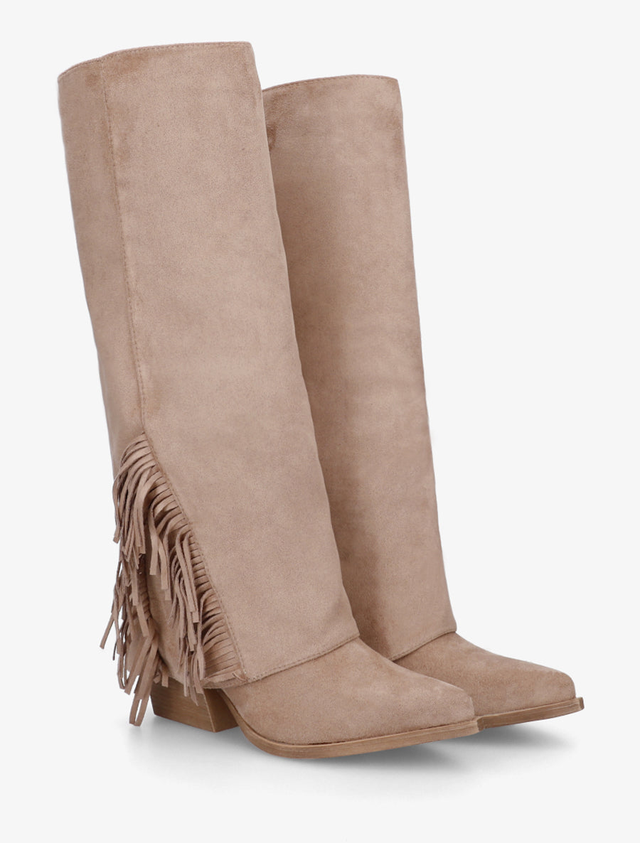 Bottes à franges et revers en suédine - Taupe - 4
