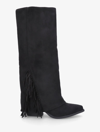 Bottes à franges et revers en suédine - Noir - 1