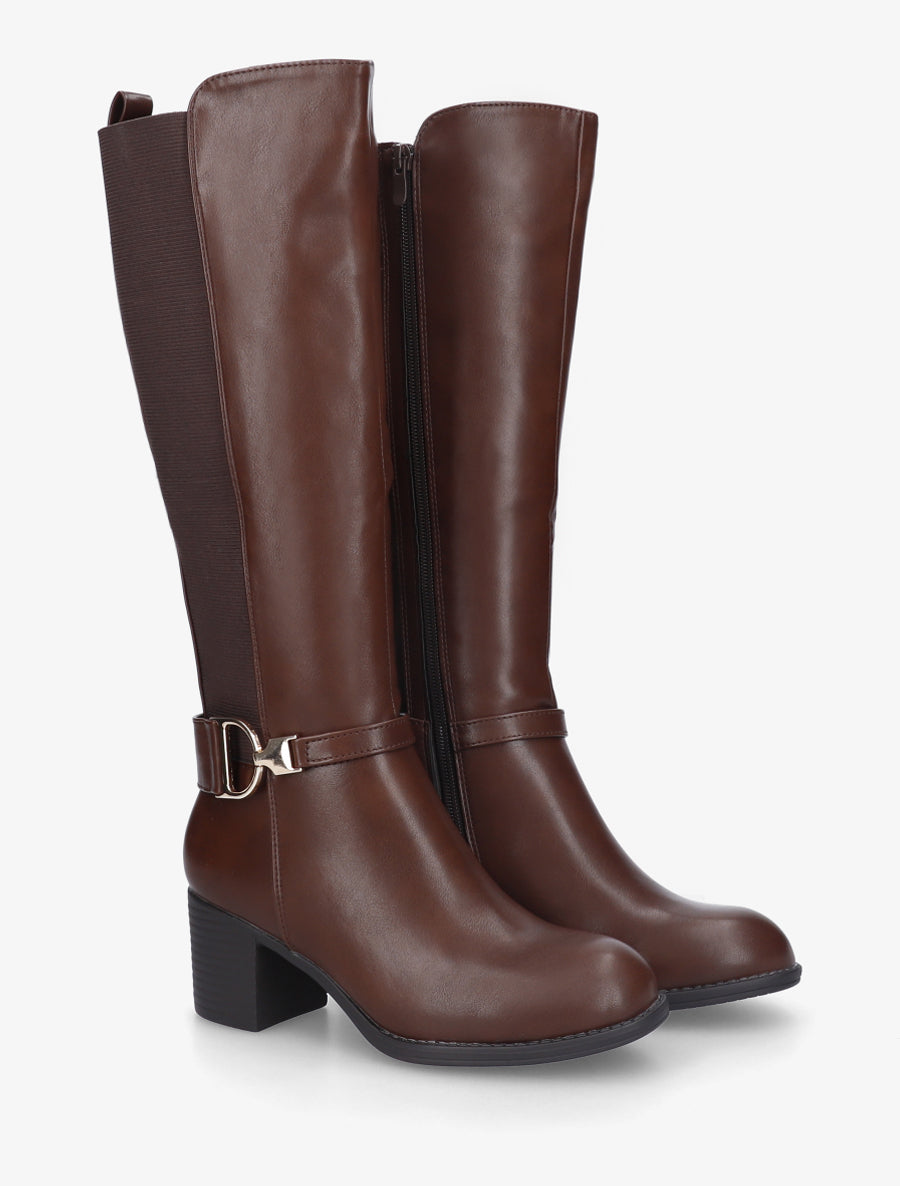 Bottes élastiquées à talon en simili - Marron - 4