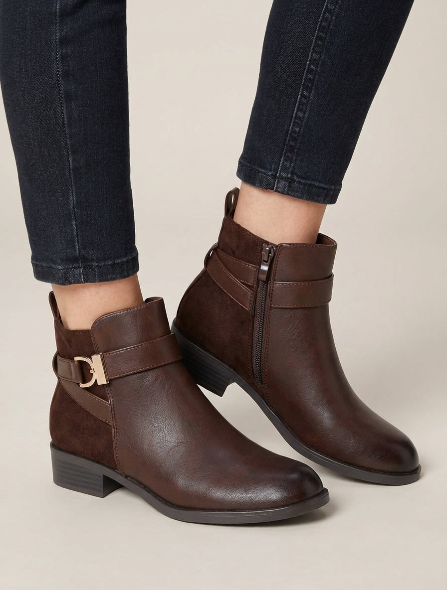Bottines bi-matière à boucle métallique - Marron