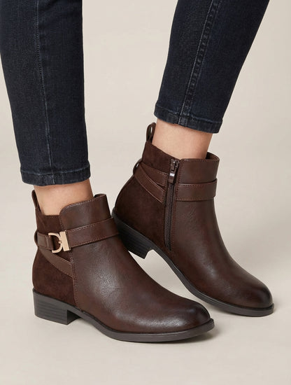 Bottines bi-matière à boucle métallique - Marron