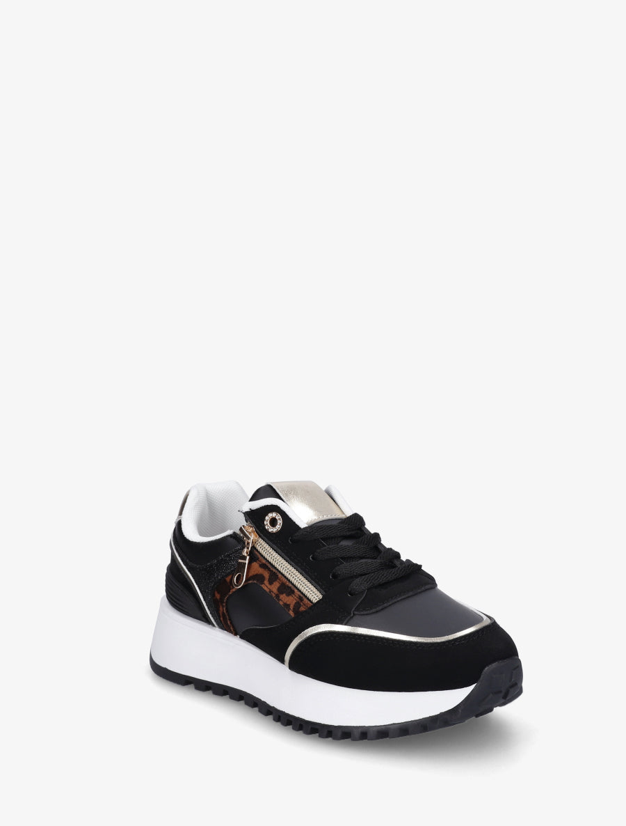 Sneakers à zip décoratif et bandes dépareillés - Noir - 2