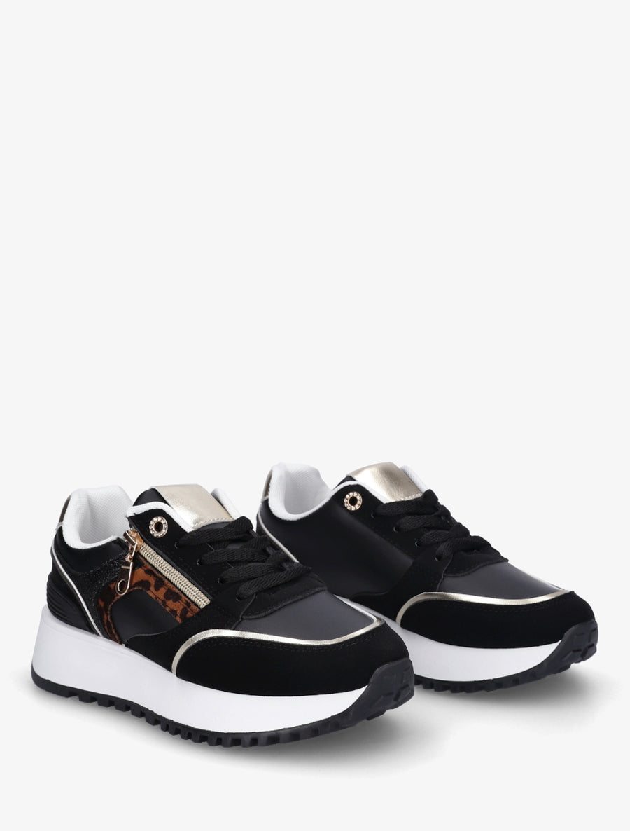 Sneakers à zip décoratif et bandes dépareillés - Noir - 4