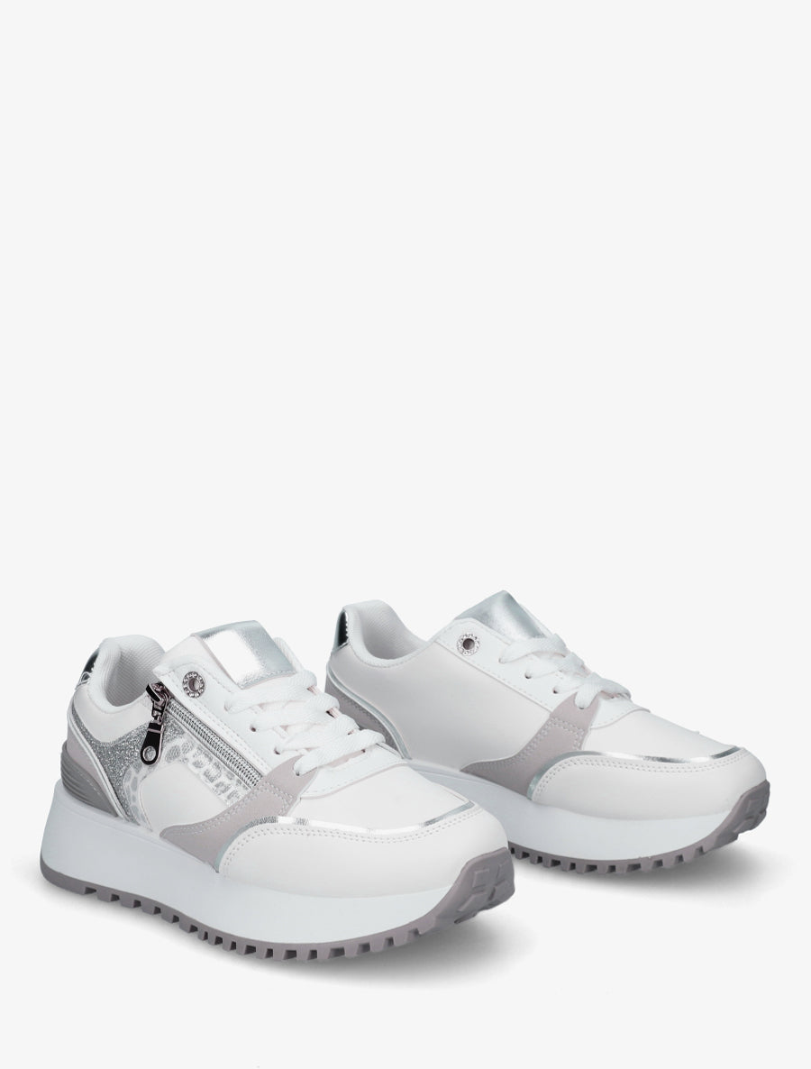 Sneakers à zip décoratif et bandes dépareillés - Blanc - 4