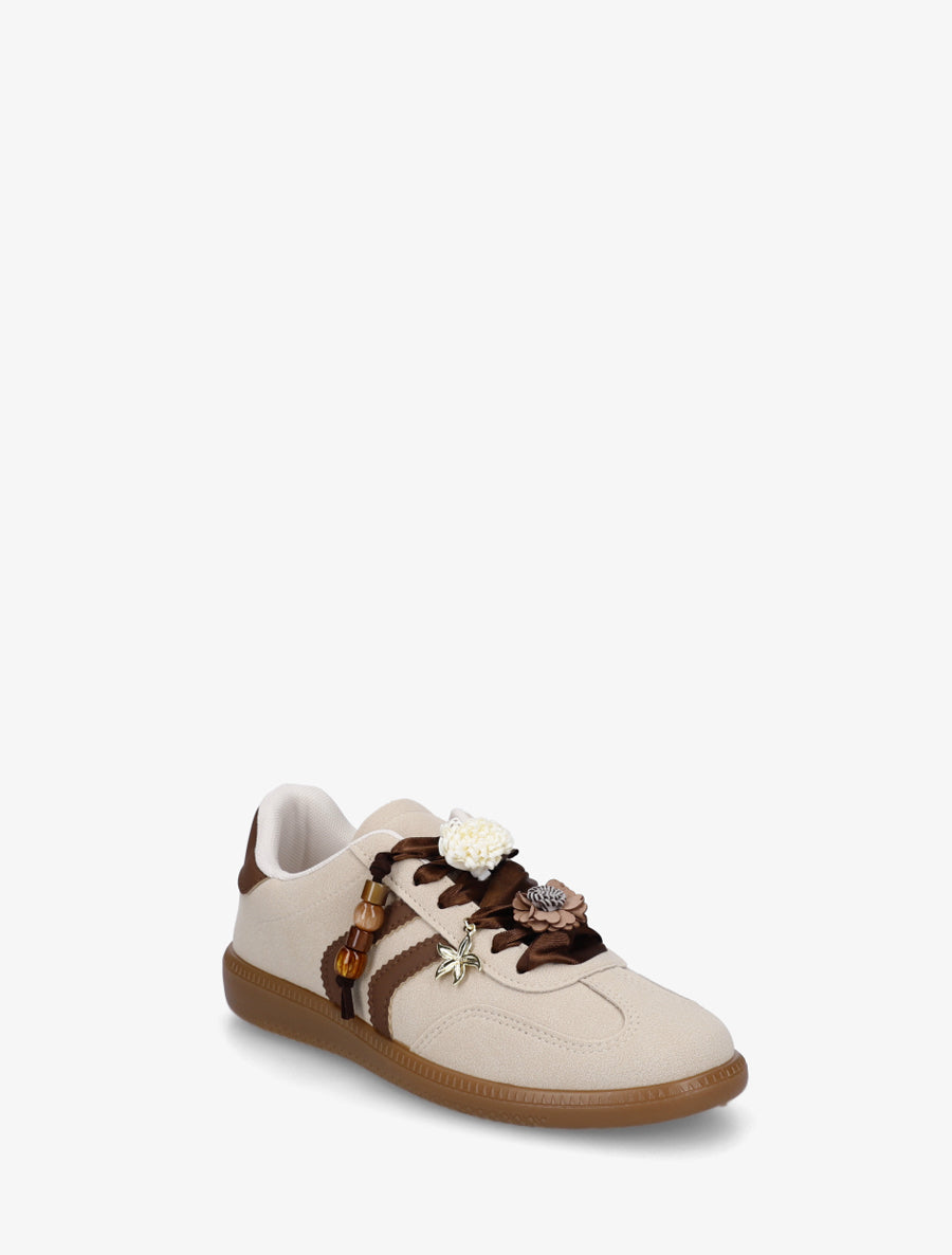 Sneakers à empiècement fleurs et perles en bois - Beige - 2