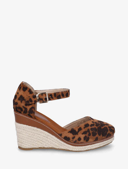 Espadrilles compensées en suédine imprimé léopard - Camel - 1