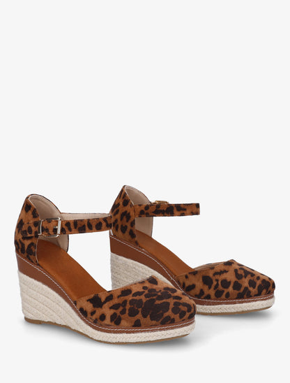Espadrilles compensées en suédine imprimé léopard - Camel - 4