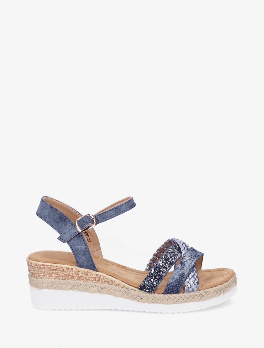 Sandales compensées à brides fantaisies pailletées - Marine - 1