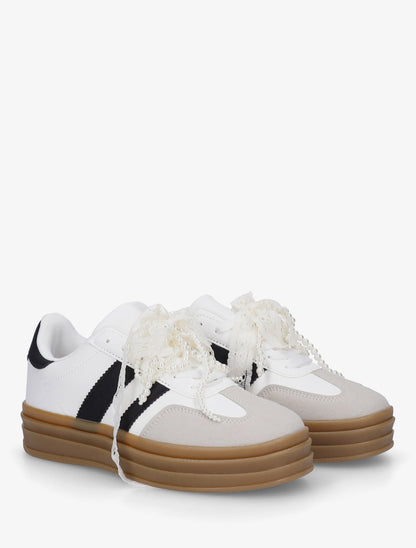 Sneakers effet nubuck à lacets stylisés - Blanc - 4