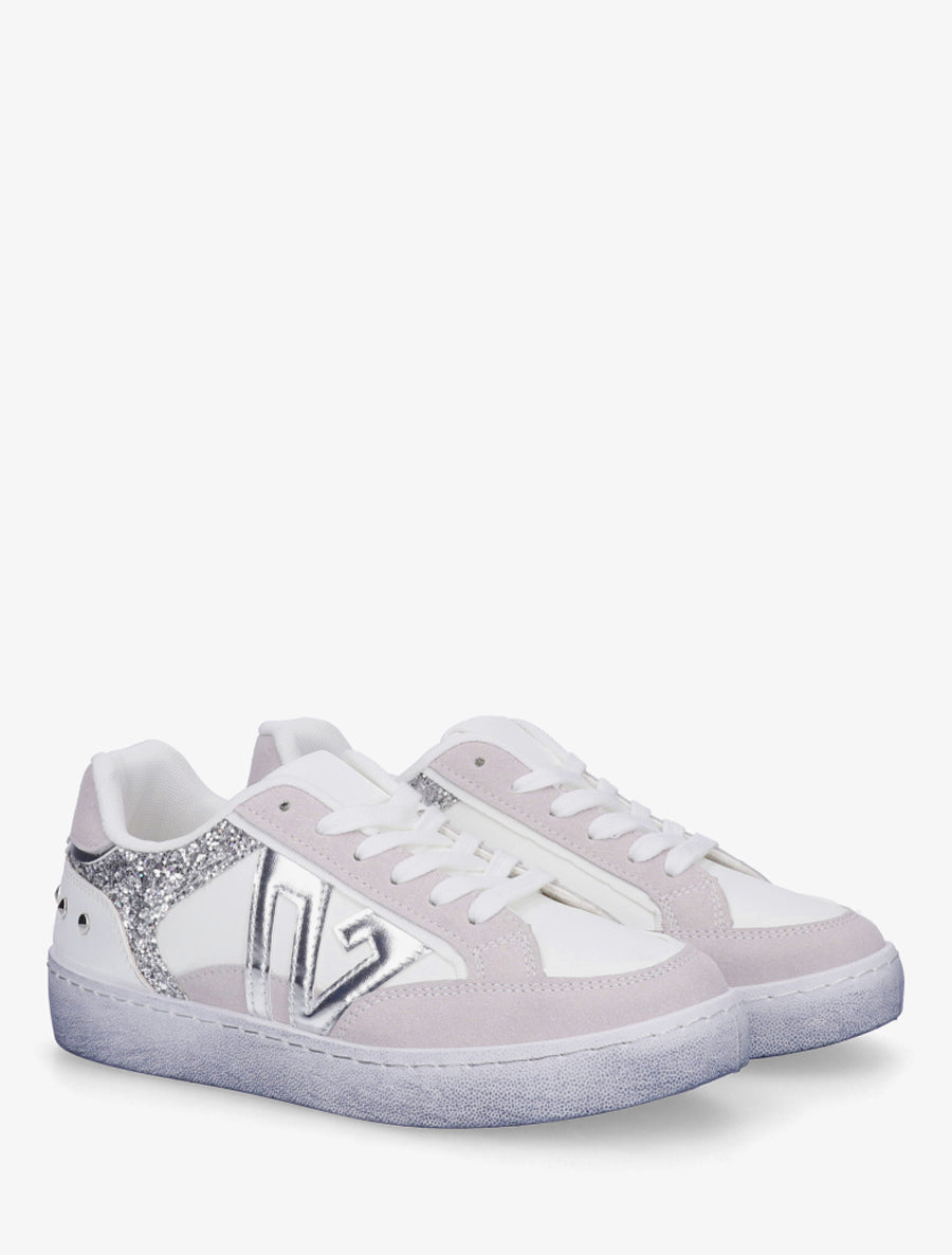 Sneakers à bande pailletée et contrefort clouté - Blanc - 4