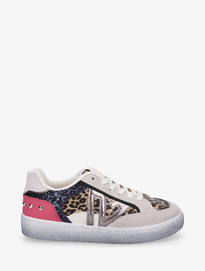 Sneakers à bande pailletée et contrefort clouté - Marine - 1