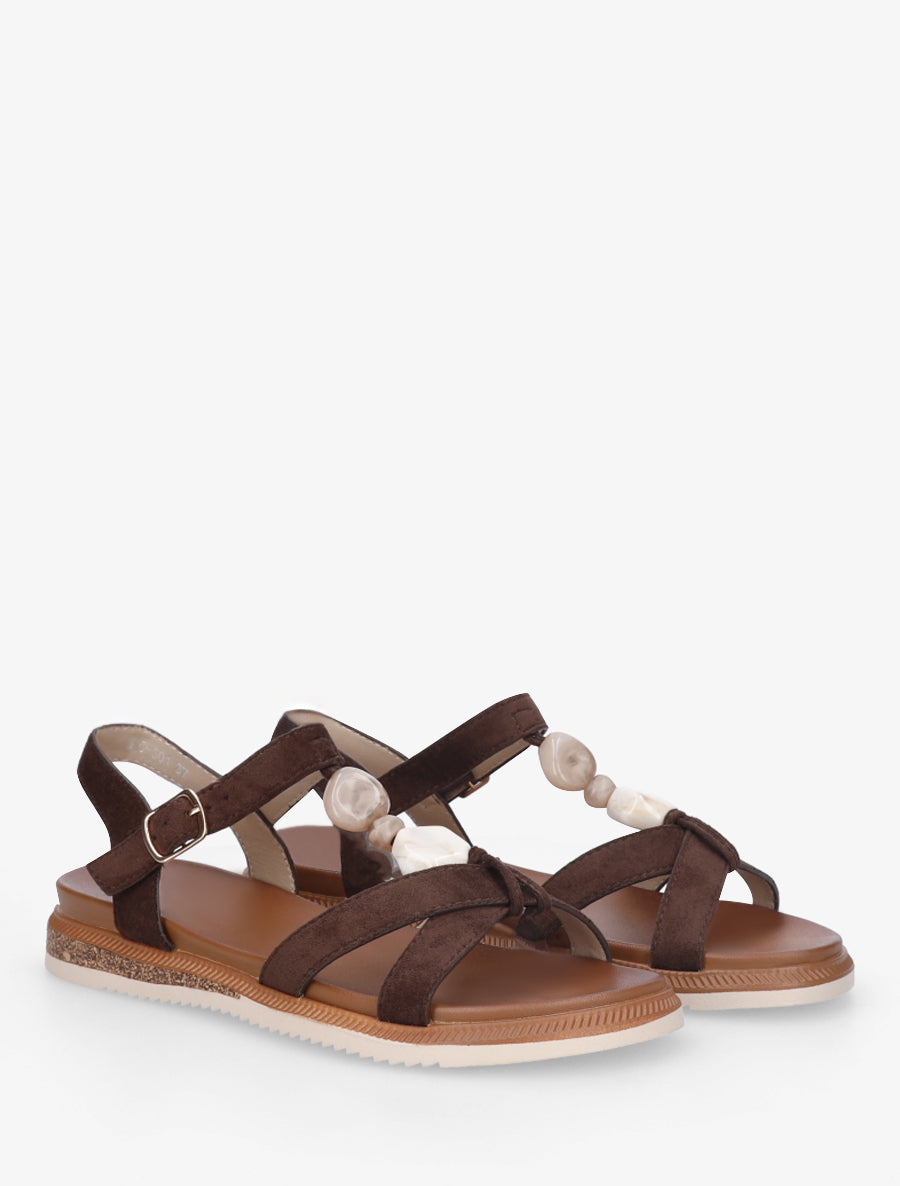 Nu-pieds en suédine à empiècement bijoux pierres - Marron - 4