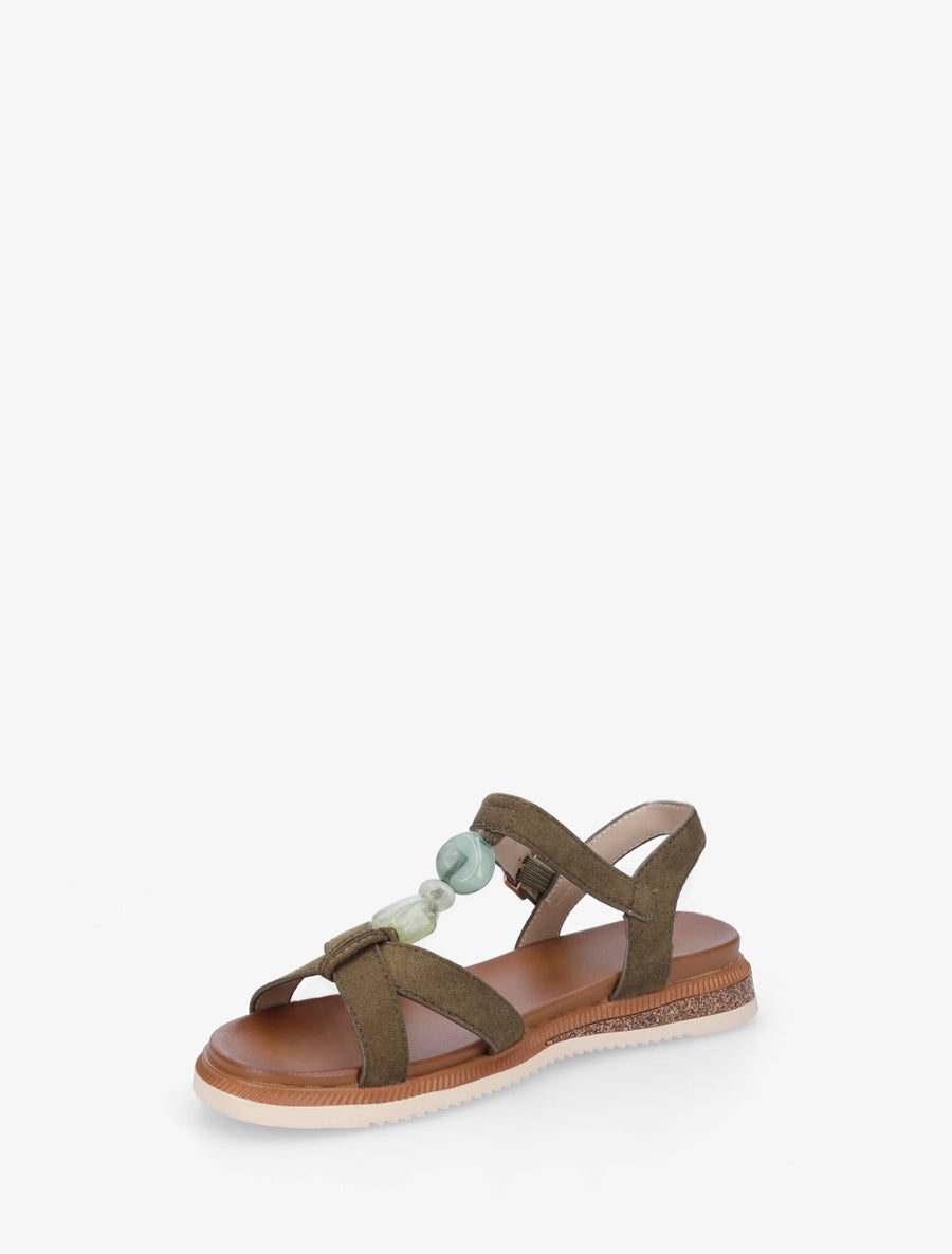 Nu-pieds en suédine à empiècement bijoux pierres - Kaki - 3