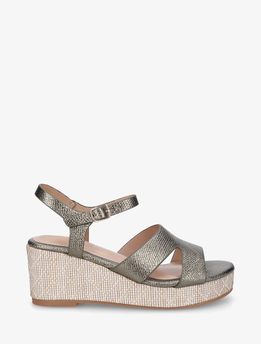 Sandales effet python à talon compensé - Kaki - 1