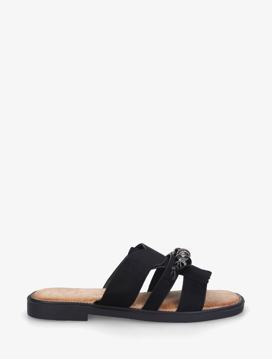 Mules en suédine à franges et perles - Noir - 1